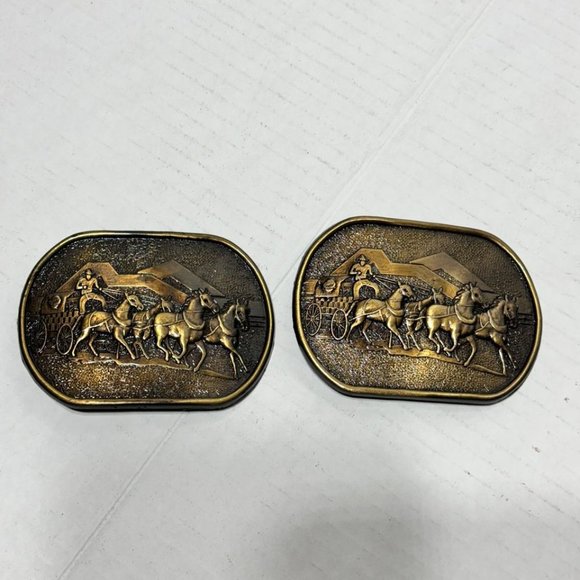 Other - 🛢️ RARE 1980's (2) GULF OIL Chuck Wagon Calgary Stampede Rodeo Belt Buckle 🤠🐎